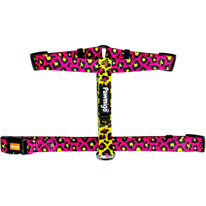 Pawmigo hot pink and neon yellow leopard print adjustable strap dog harness