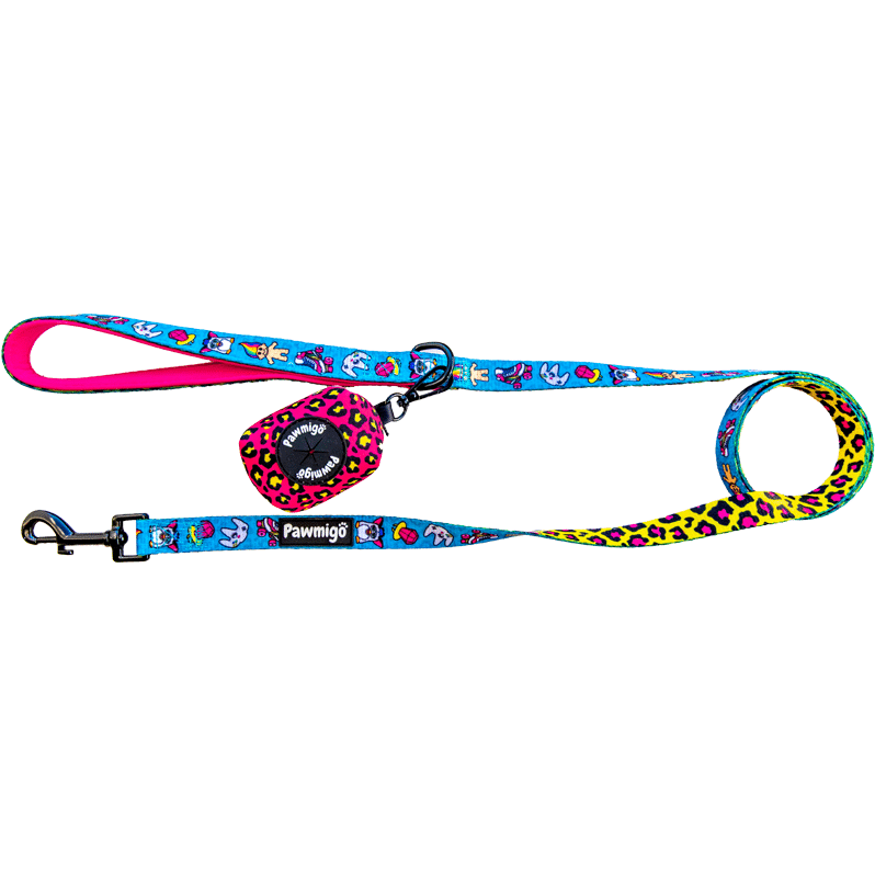 Pawmigo teal blue 90s inspired print and hot pink and neon yellow leopard print dog leash kit with poop bag dispenser