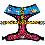 Pawmigo teal blue 90s inspired print and hot pink and neon yellow leopard print reversible dog harness back
