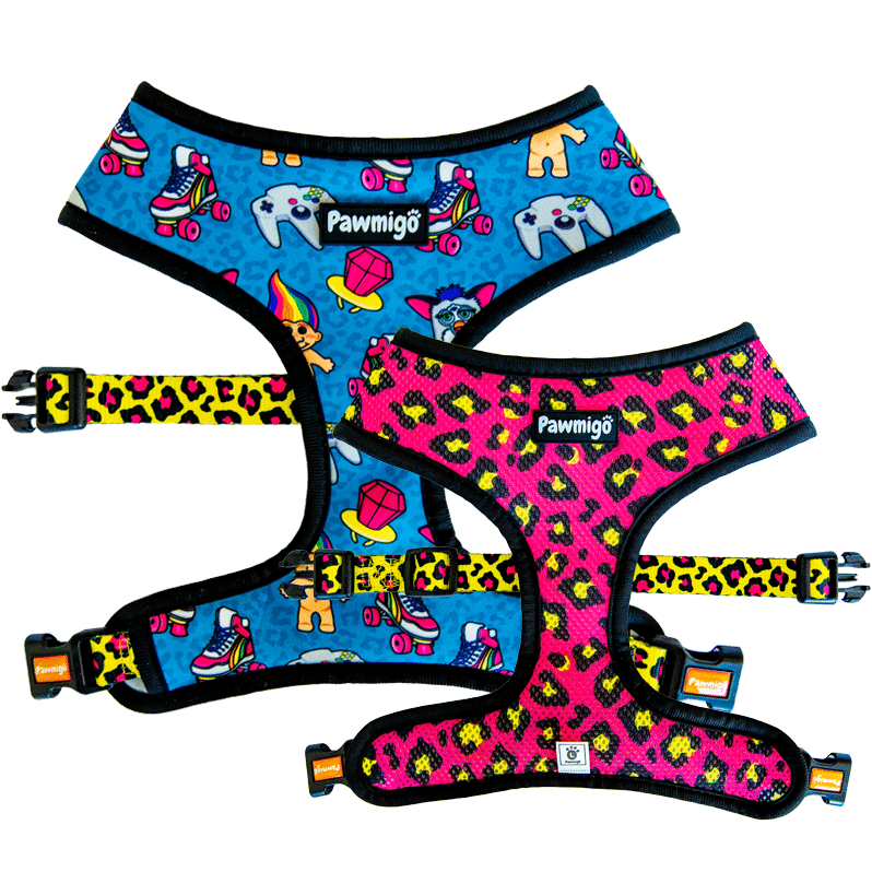 Pawmigo teal blue 90s inspired print and hot pink and neon yellow leopard print reversible dog harness