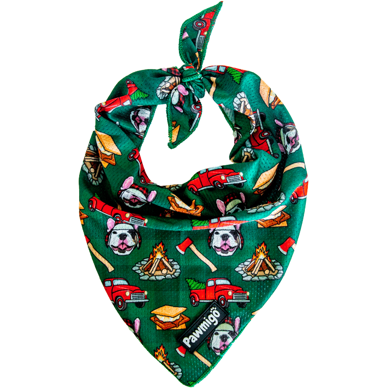 Pawmigo lumberjack green plaid cooling dog bandana with s'mores, bonfire, pickup trucks, lumberjack pups and axes