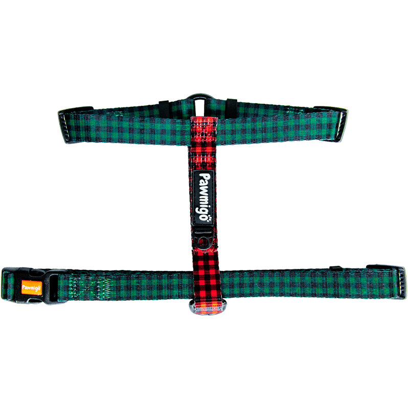 Pawmigo green and red buffalo plaid adjustable strap dog harness