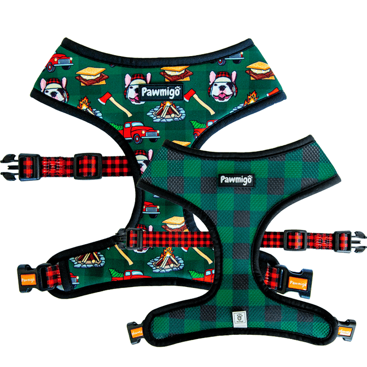 Pawmigo lumberjack outdoors camping buffalo plaid reversible dog harness