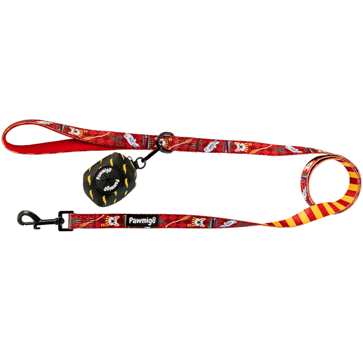 Pawmigo Harry Potter Hogwarts themed red burgundy dog leash kit with black and yellow lightning bolt print poop bag holder