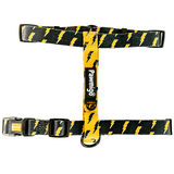 Pawmigo black and yellow lightning bolt dog strap harness with black buckle