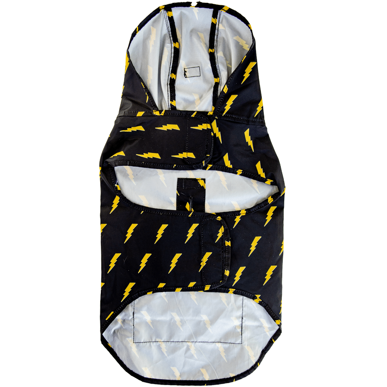 Pawmigo black lightweight water-resistant dog poncho raincoat with yellow lightning bolts