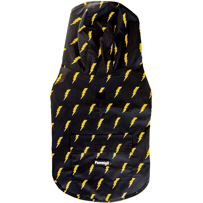 Pawmigo black lightweight water-resistant dog poncho raincoat with yellow lightning bolts