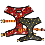 Pawmigo red burgundy Harry Potter Hogwarts themed reversible dog harness with black and yellow lightning bolts and Gryffindor striped strap