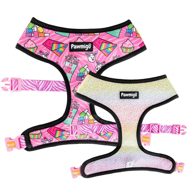 Pawmigo pink purple slumber party sleepover themed reversible harness with pastel rainbow leopard print and zebra print strap