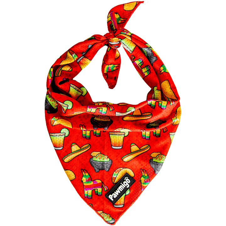 Pawmigo taco Tuesday fiesta Cinco de Mayo Mexican red cooling dog bandana with pinatas, margaritas, tacos, sombreros, and chips & guacamole