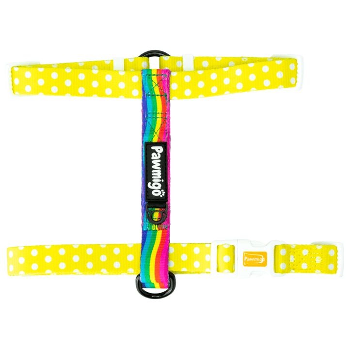 Yellow polka dot and rainbow strip adjustable dog strap harness