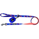 USA patriotic 4th of july red white and blue themed dog leash kit with poop bag carrier