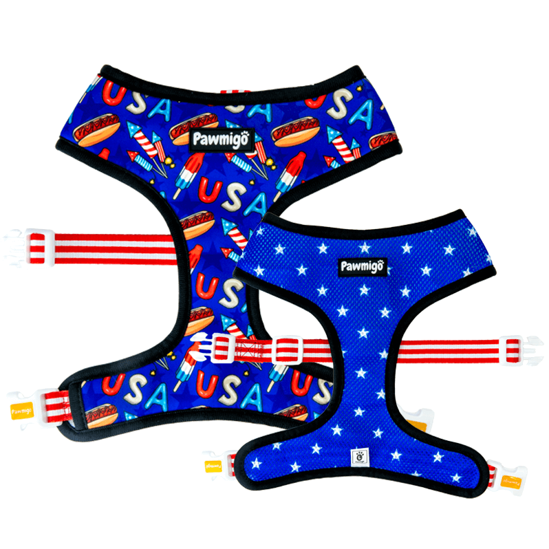 USA patriotic red white and blue 4th of july theme reversible dog harness