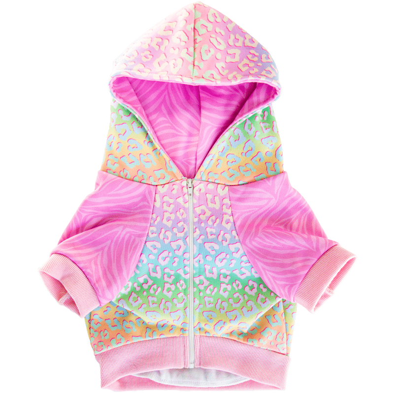 Pawmigo pastel rainbow leopard print and pink purple zebra print dog hoodie