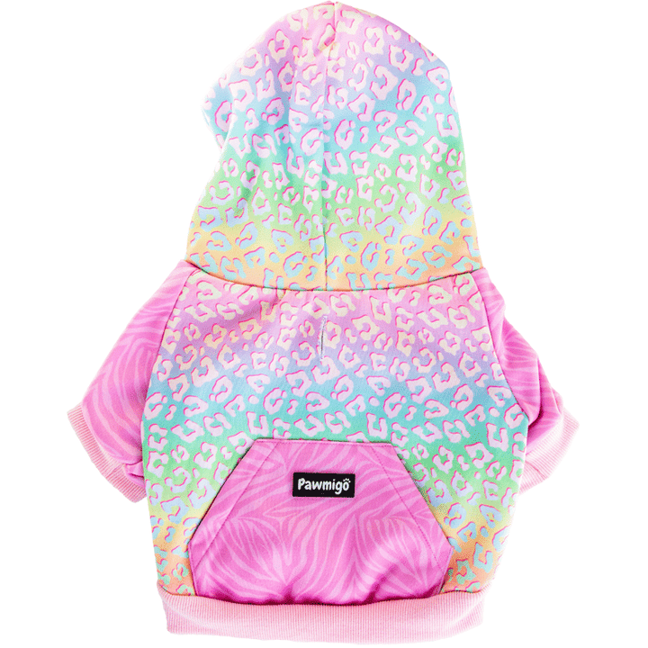 Pawmigo pastel rainbow leopard print and pink purple zebra print dog hoodie