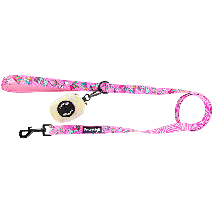 Pawmigo pink purple slumber party sleepover themed dog leash kit with pastel rainbow leopard print poop bag holder