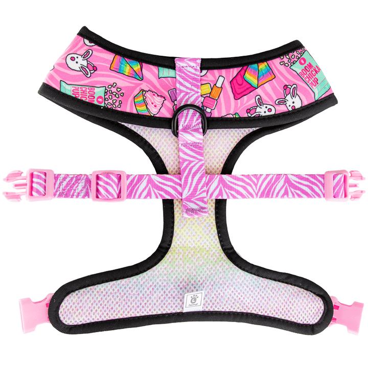 Pawmigo pink purple slumber party sleepover themed reversible harness with pastel rainbow leopard print and zebra print strap