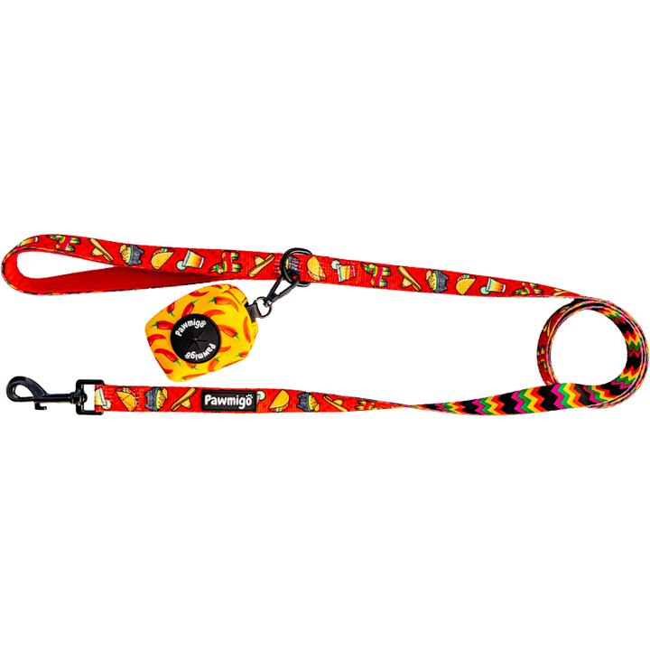 Pawmigo red fiesta Mexican Cinco de Mayo taco Tuesday inspired dog leash kit with poop bag dispenser