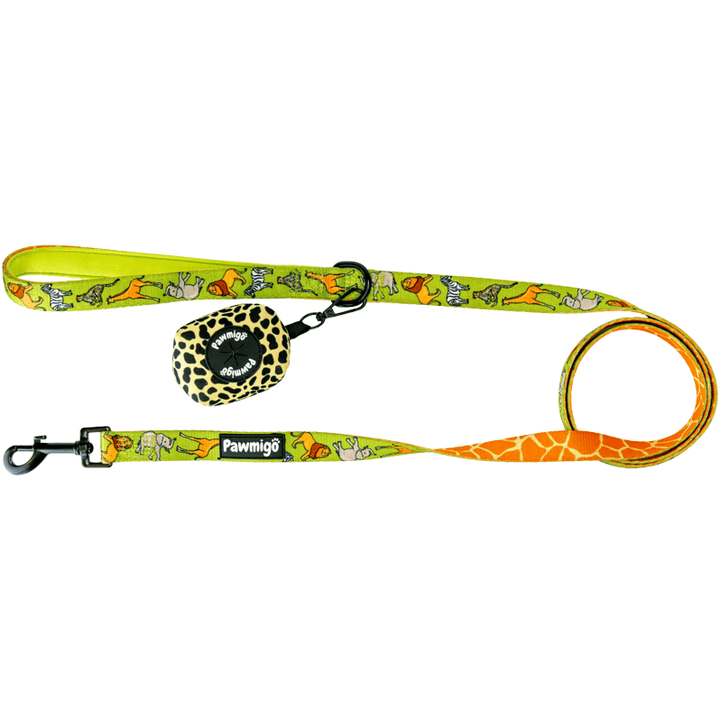 Safari and giraffe print dog leash kit with cheetah print poop bag carrier