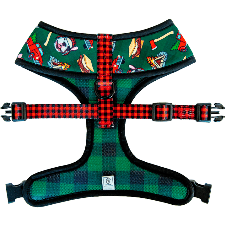 Pawmigo lumberjack outdoors camping buffalo plaid reversible dog harness back