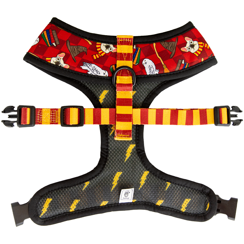 Pawmigo red burgundy Harry Potter Hogwarts themed reversible dog harness with black and yellow lightning bolts and Gryffindor striped strap