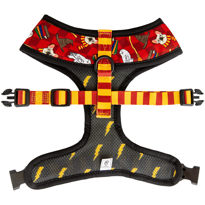 Pawmigo red burgundy Harry Potter Hogwarts themed reversible dog harness with black and yellow lightning bolts and Gryffindor striped strap